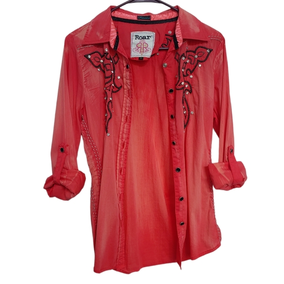 ROAR Western Button Down Shirt Embellished Distressed Coral Women's Med - Picture 9 of 12
